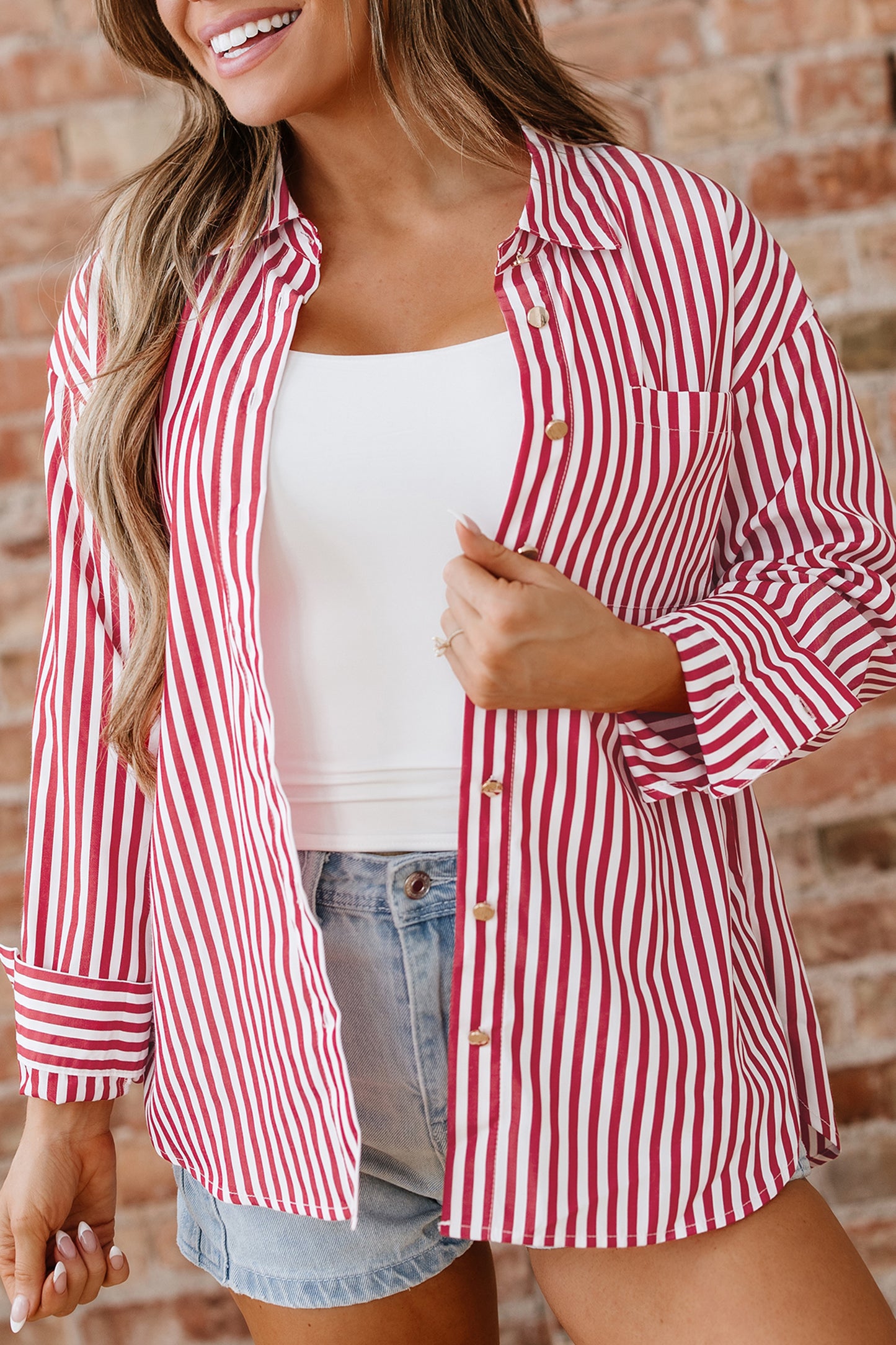 Red Stripe Patched Pocket Side Slit Loose Shirt