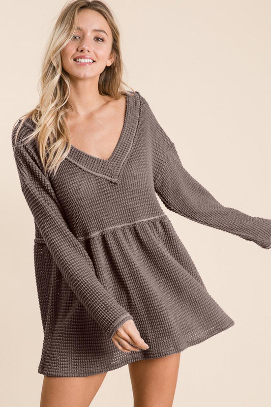 BiBi Waffle Knit V-Neck Babydoll Blouse Carauana Store