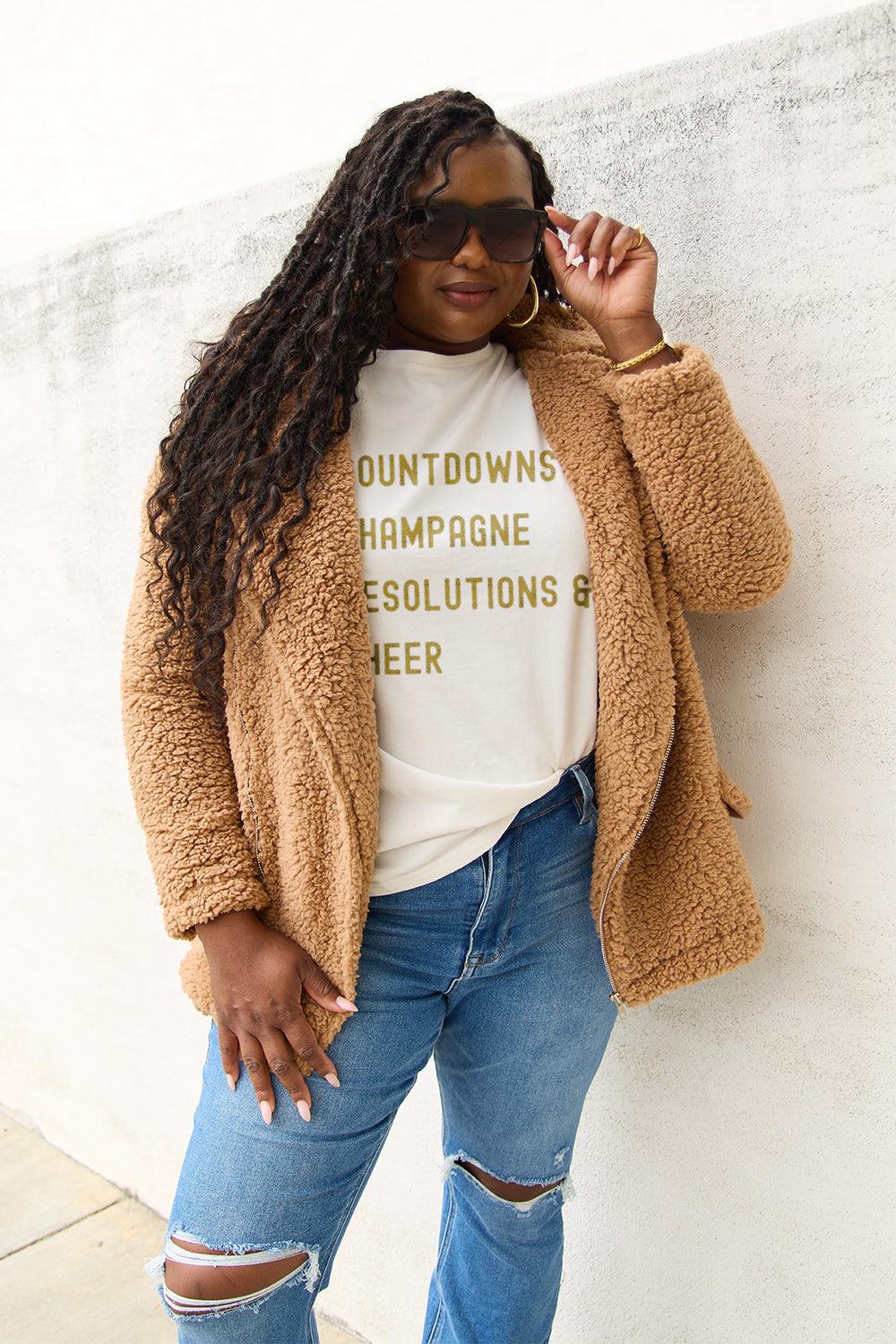 Simply Love Full Size COUNTDOWNS CHAMPAGNE RESOLUTIONS & CHEER Round Neck T-Shirt Carauana Store
