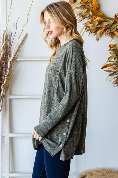 Reborn J Button Side Round Neck Long Sleeve T-Shirt Carauana Store