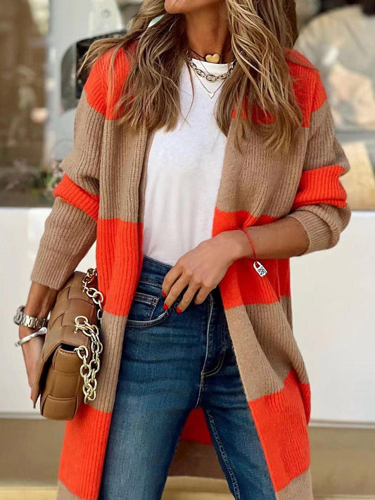 Contrast Open Front Long Sleeve Cardigan Carauana Store