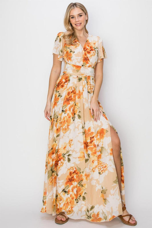 HYFVE Floral Tie Back Short Sleeve Slit Maxi Dress Carauana Store