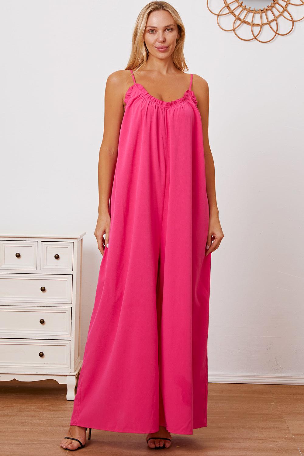 Double Take Full Size Ruffle Trim Tie Back Cami Jumpsuit with Pockets Carauana Store
