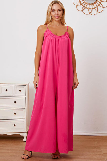 Double Take Full Size Ruffle Trim Tie Back Cami Jumpsuit with Pockets Carauana Store