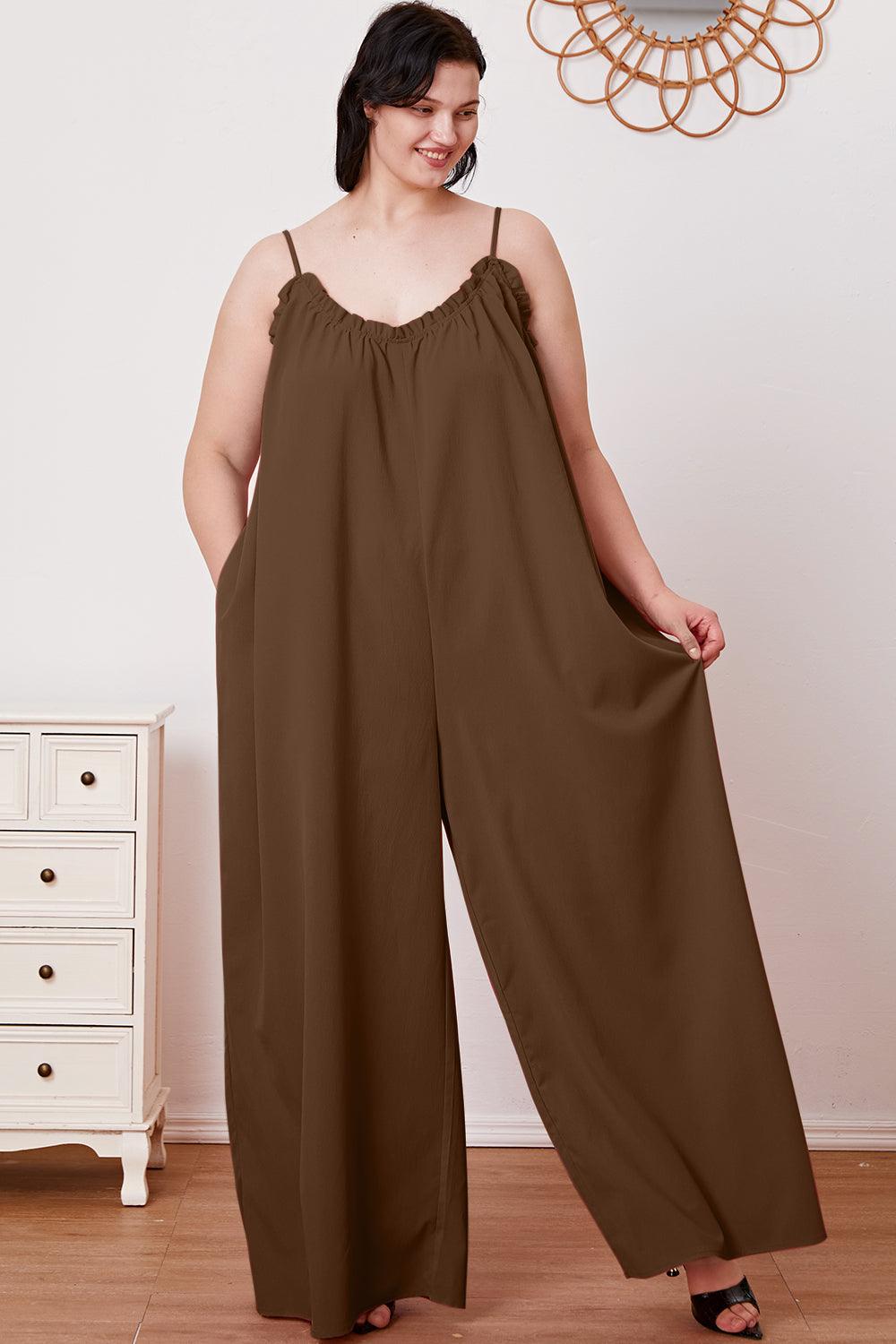 Double Take Full Size Ruffle Trim Tie Back Cami Jumpsuit with Pockets Carauana Store