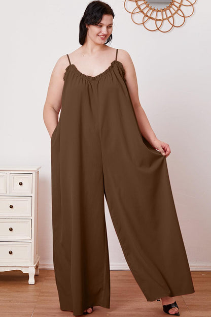 Double Take Full Size Ruffle Trim Tie Back Cami Jumpsuit with Pockets Carauana Store