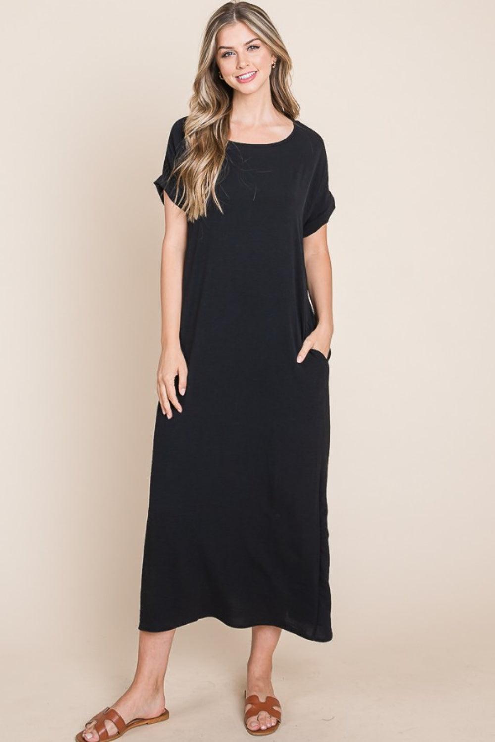 BOMBOM Round Neck Short Sleeve Midi Dress with Pockets Carauana Store