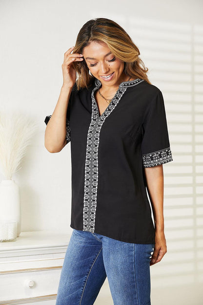 Double Take Embroidered Notched Neck Top Carauana Store
