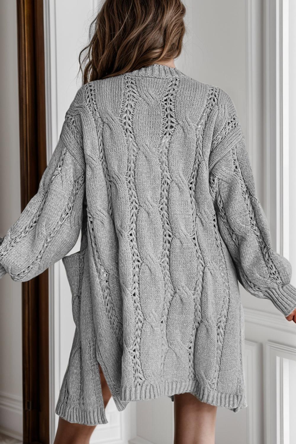 Cable-Knit Dropped Shoulder Slit Cardigan Carauana Store