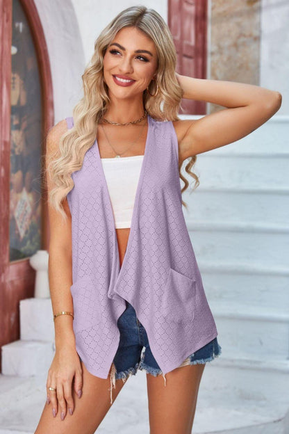 Eyelet Open Front Sleeveless Cardigan Carauana Store