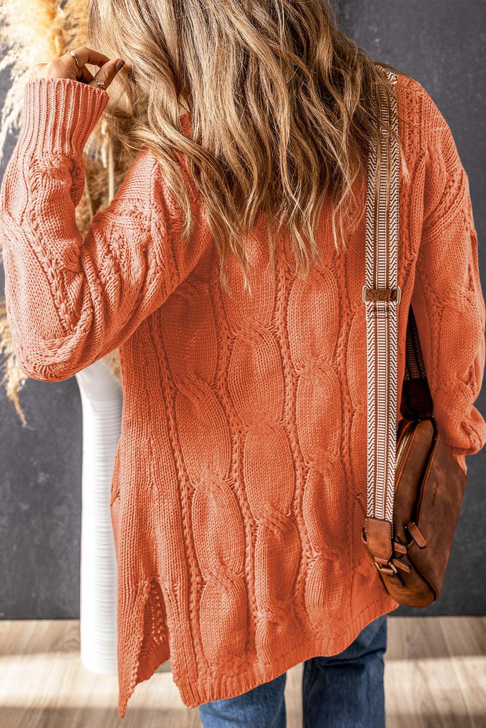 Cable-Knit Dropped Shoulder Slit Cardigan Carauana Store