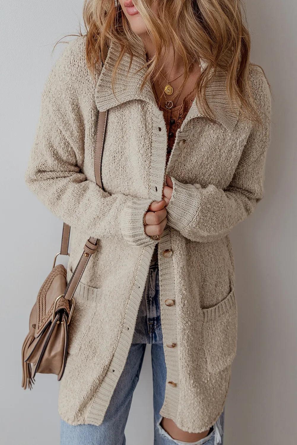 Pocketed Button Up Long Sleeve Cardigan Carauana Store