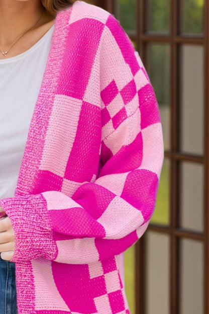 Checkered Open Front Long Sleeve Cardigan Carauana Store