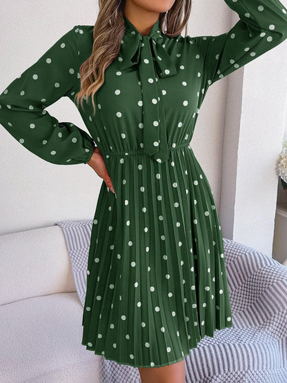 Polka Dot Tie Neck Pleated Dress Carauana Store
