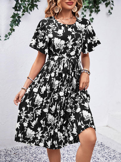 Printed Round Neck Short Sleeve Dress Carauana Store