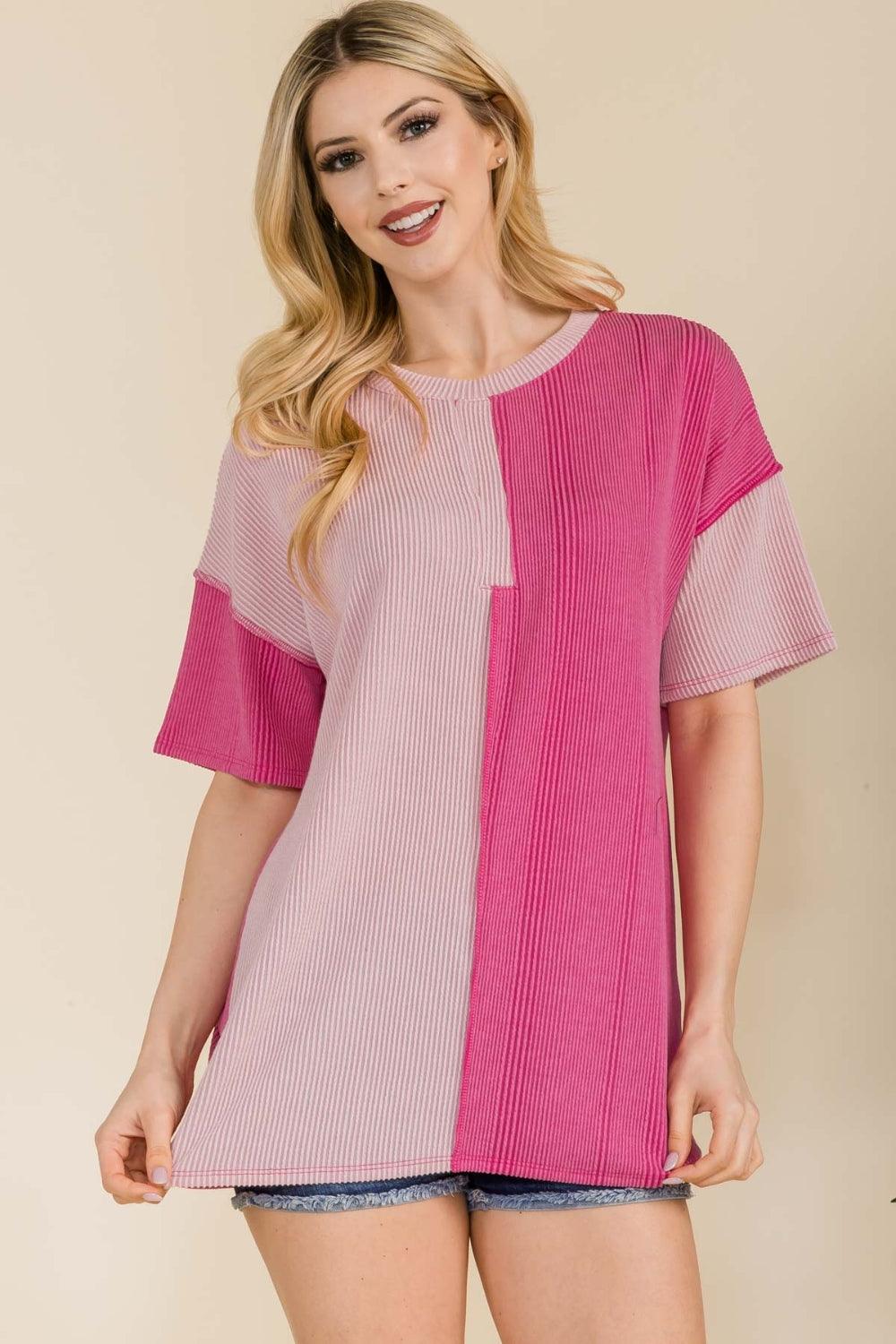 Celeste Full Size Ribbed Color Block Short Sleeve T-Shirt Carauana Store