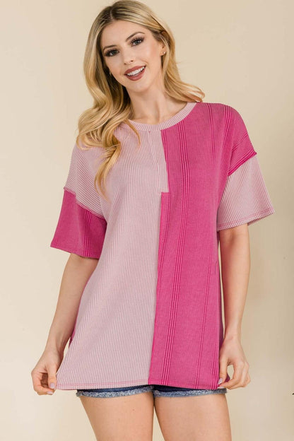 Celeste Full Size Ribbed Color Block Short Sleeve T-Shirt Carauana Store