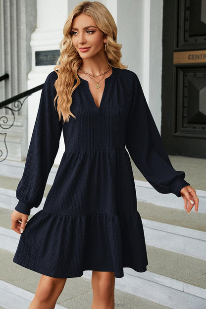 Ruched Notched Long Sleeve Mini Dress Carauana Store