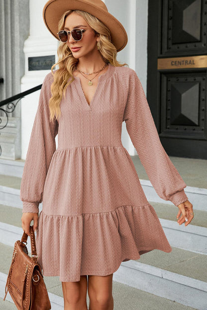 Ruched Notched Long Sleeve Mini Dress Carauana Store