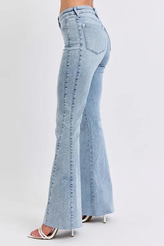 Judy Blue Full Size Mid Rise Rhinestone Side Panel Detail Flare Jeans Plus Size Carauana Store