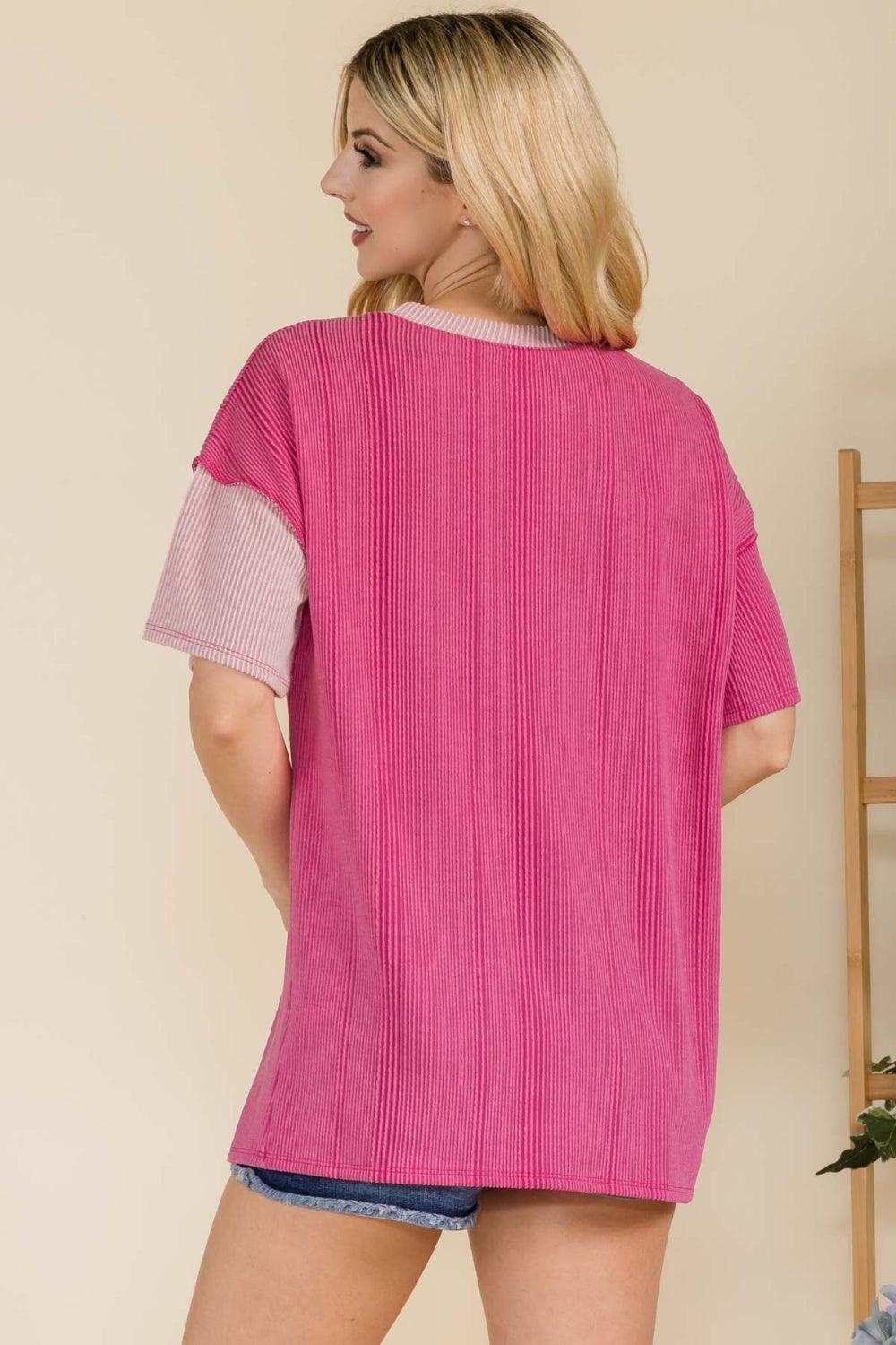 Celeste Full Size Ribbed Color Block Short Sleeve T-Shirt Carauana Store
