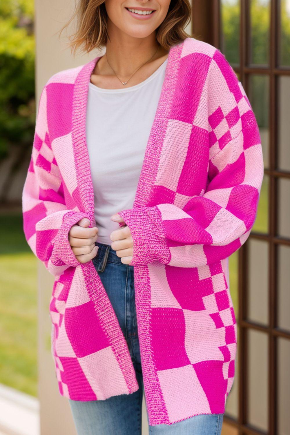 Checkered Open Front Long Sleeve Cardigan Carauana Store