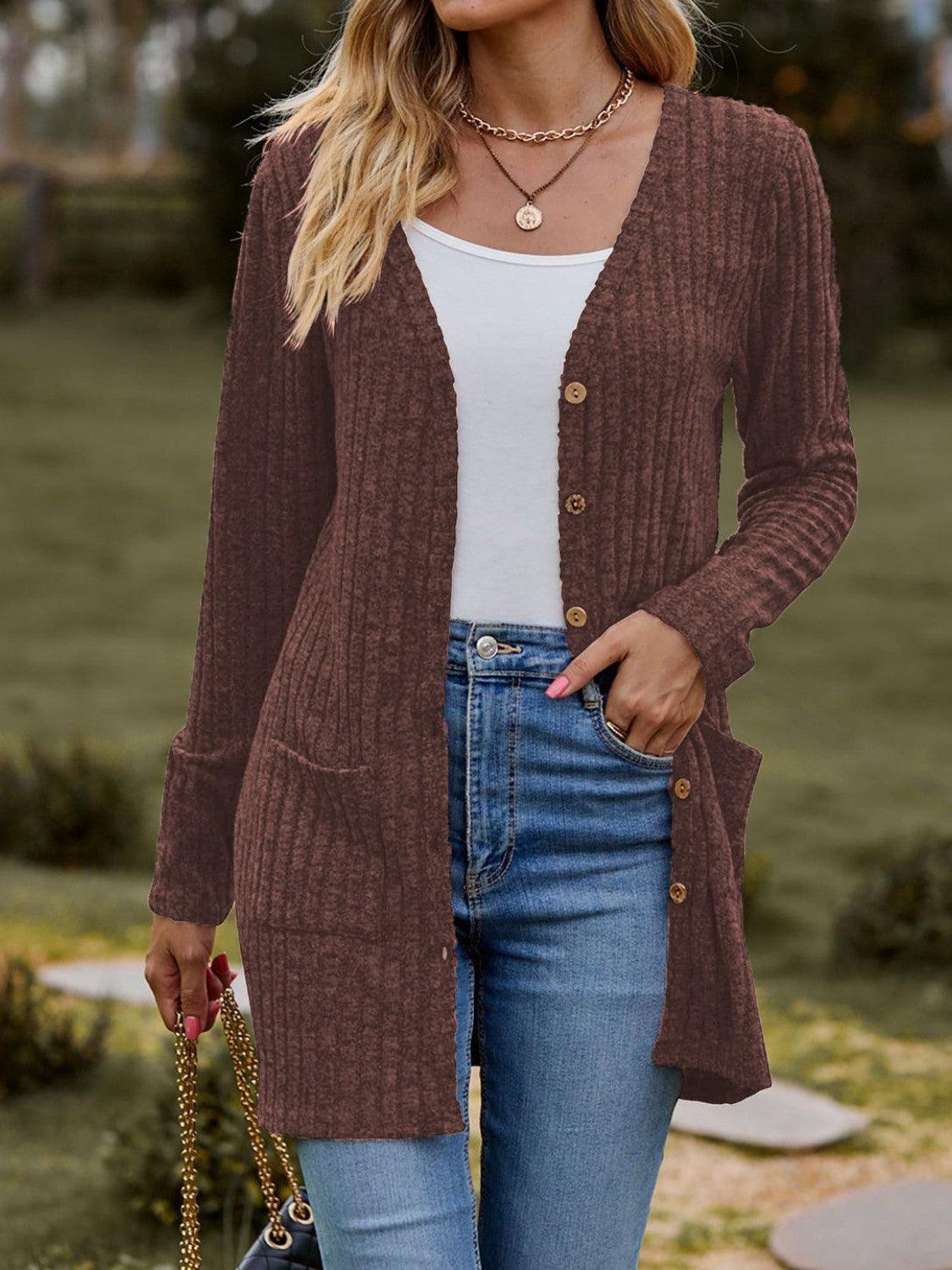 Ribbed Button Up Long Sleeve Cardigan Carauana Store