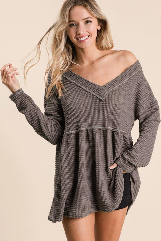 BiBi Waffle Knit V-Neck Babydoll Blouse Carauana Store