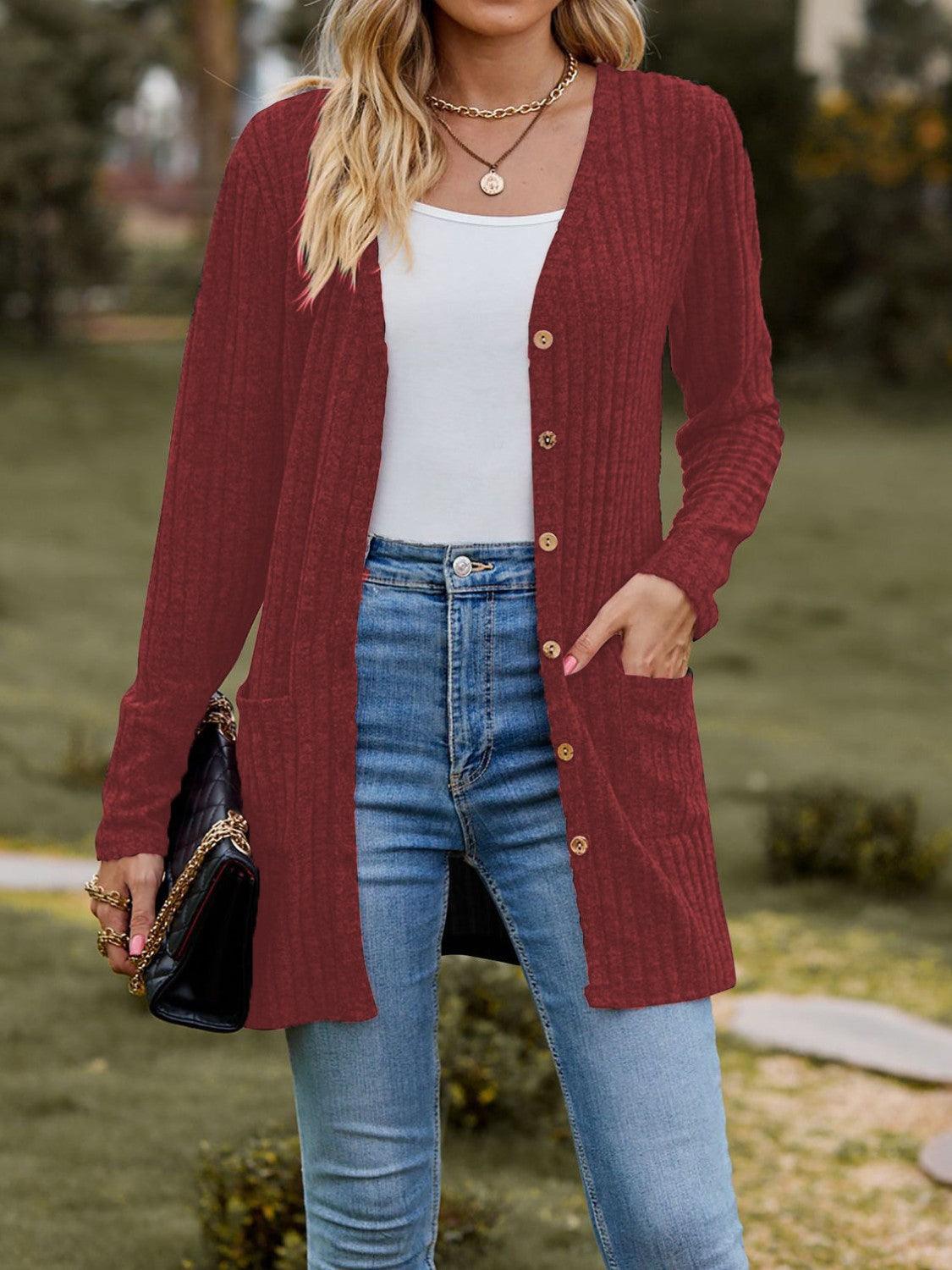 Ribbed Button Up Long Sleeve Cardigan Carauana Store
