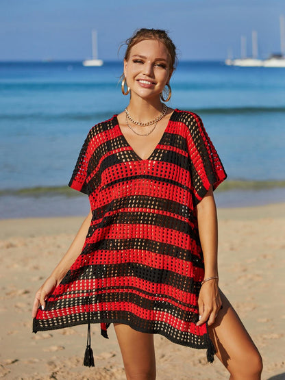 Tassel Openwork Striped V-Neck Cover Up Carauana Store