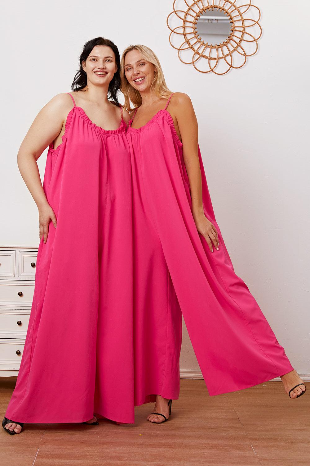Double Take Full Size Ruffle Trim Tie Back Cami Jumpsuit with Pockets Carauana Store