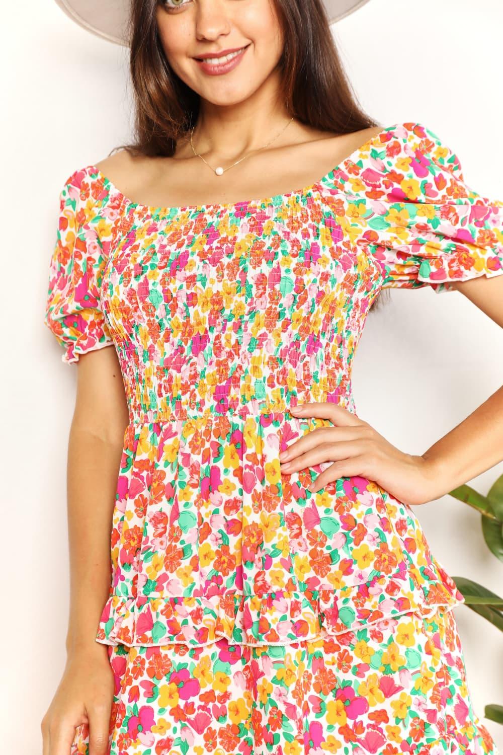 Double Take Smocked Sweetheart Neck Flounce Sleeve Mini Dress Carauana Store