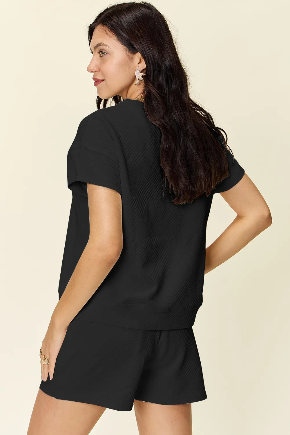 Double Take Full Size Texture Short Sleeve T-Shirt and Drawstring Shorts Set Carauana Store