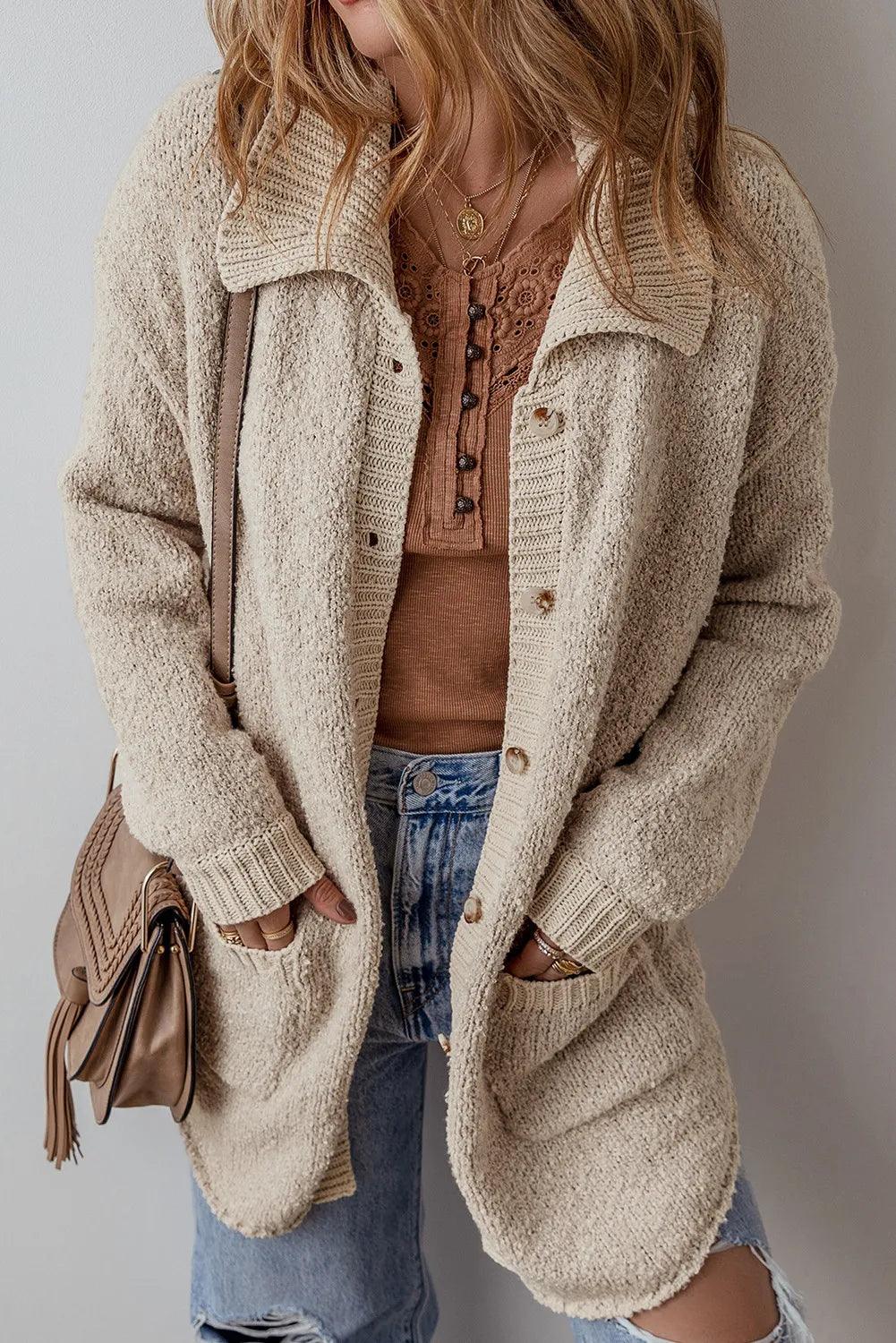 Pocketed Button Up Long Sleeve Cardigan Carauana Store