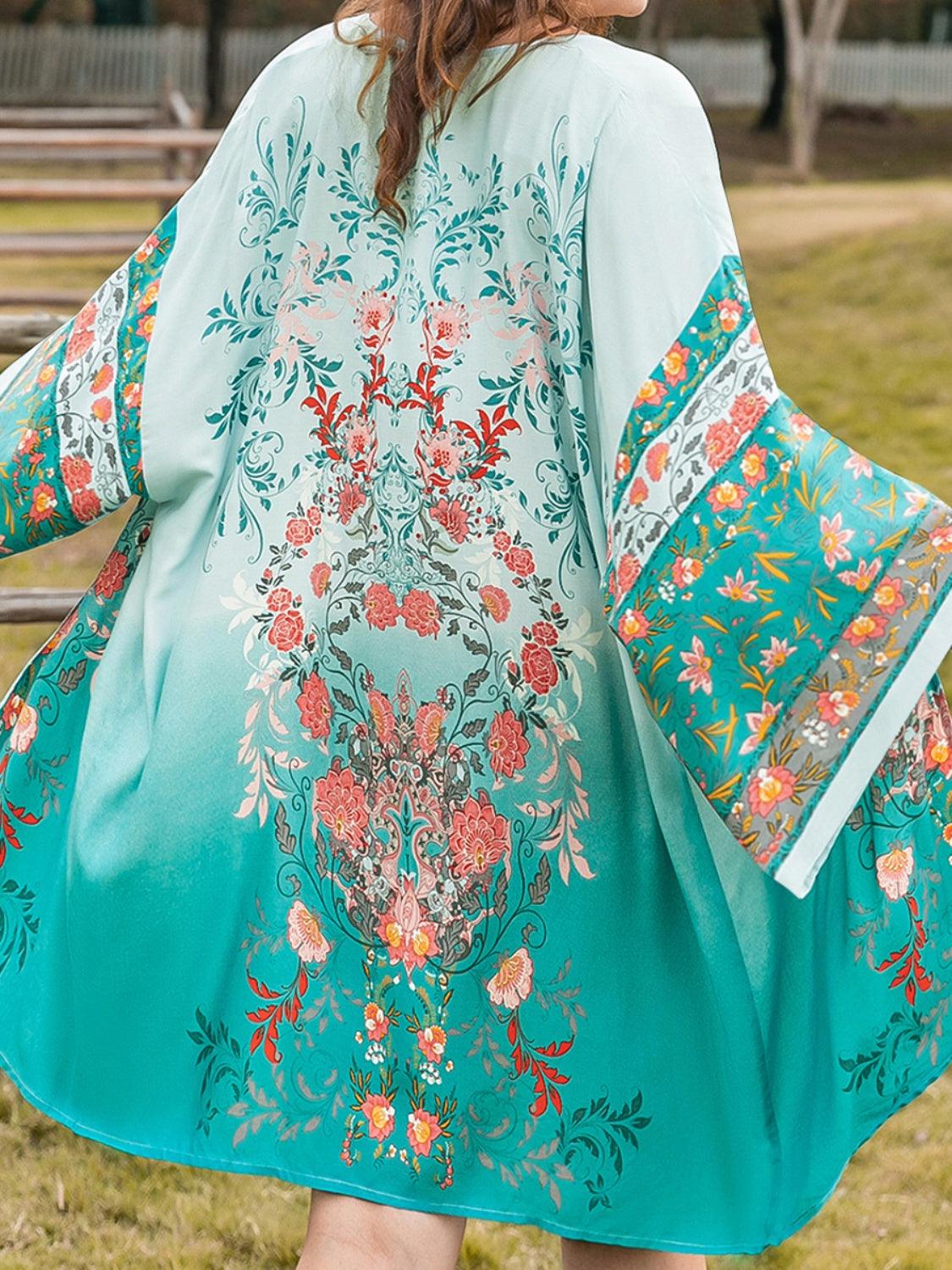 Plus Size Printed Open Front Long Sleeve Cover Up Carauana Store