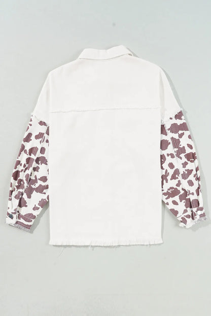 Raw Hem Animal Print Long Sleeve Denim Jacket Carauana Store