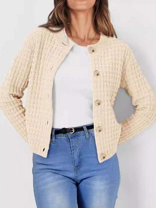 Button Up Round Neck Long Sleeve Cardigan Carauana Store