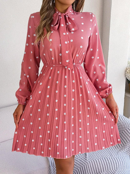 Polka Dot Tie Neck Pleated Dress Carauana Store