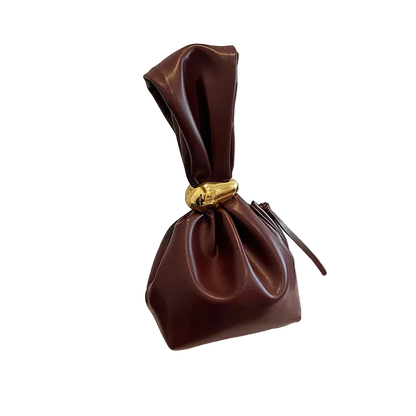 Brown leather pouch with a gold clasp on a white background