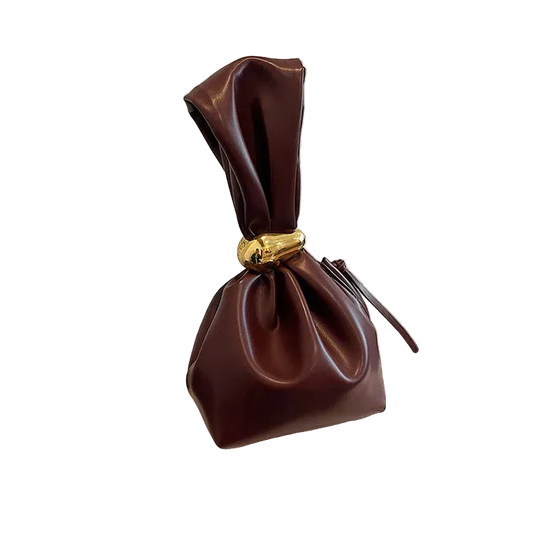 Brown leather pouch with a gold clasp on a white background