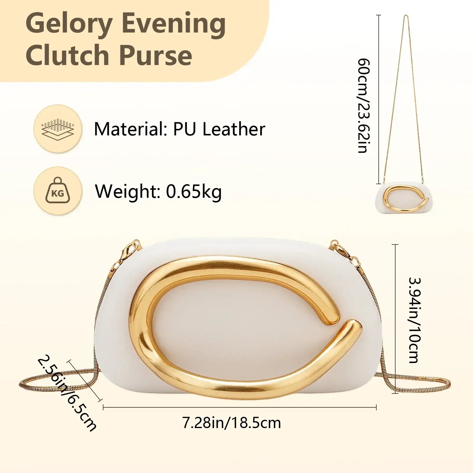 Gelory Evening Clutch Purse with dimensions and material details on a beige background