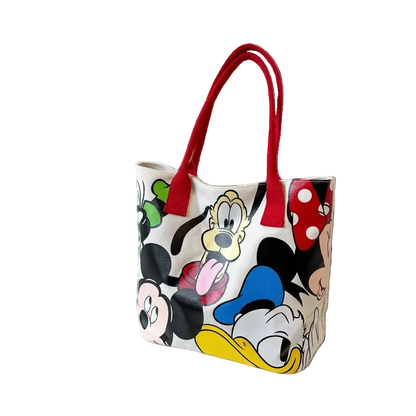 Cartoon character tote bag with red handles
