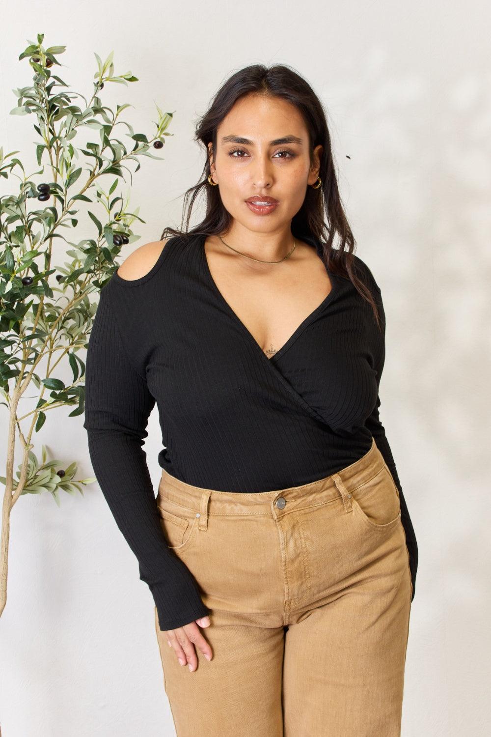 Culture Code Full Size Ribbed Surplice Cold Shoulder Top Carauana Store