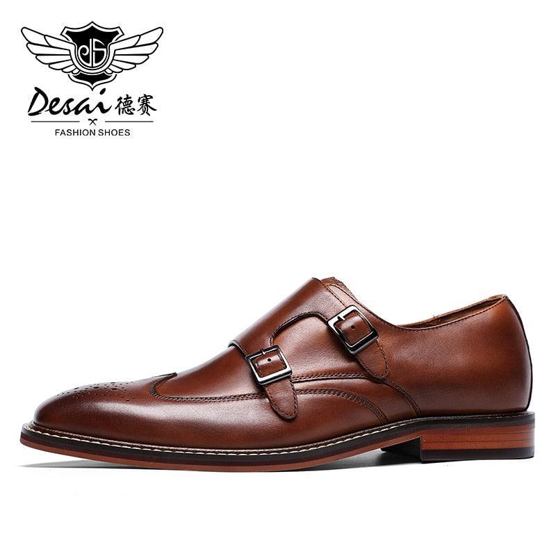 DESAI Monk Strap Slip on Genuine Leather Business Handmade Dress Brogue with Buckle