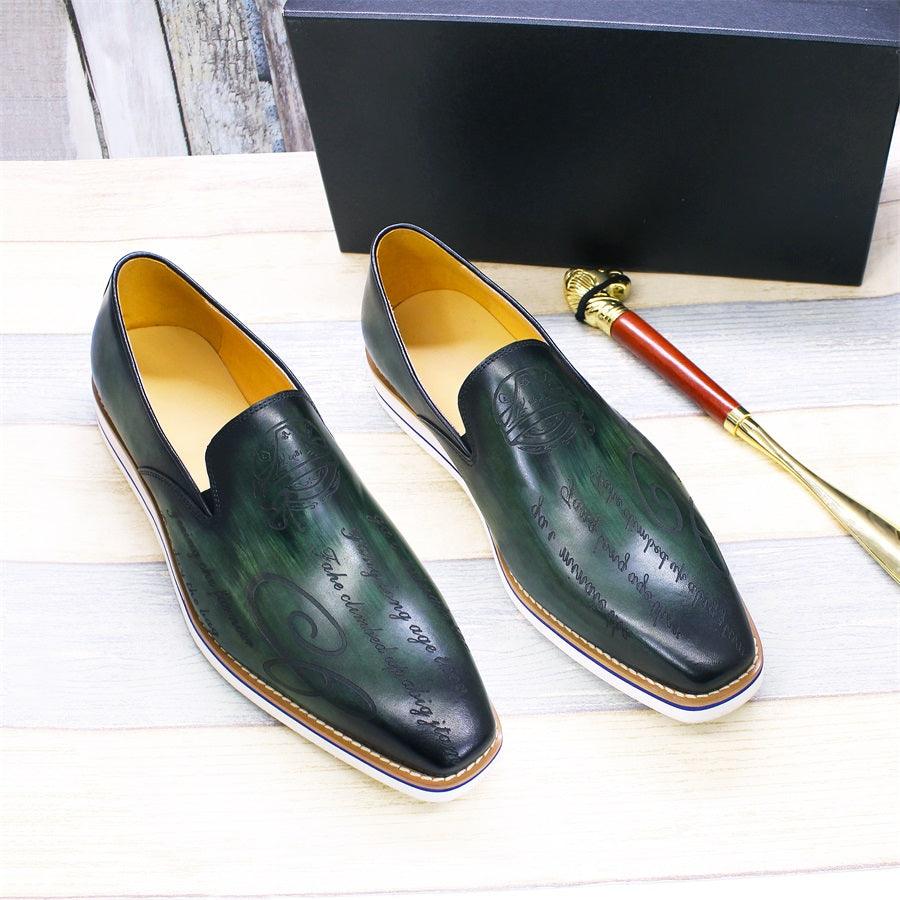 Fashion men casual shoes green comfortable flat loafers classic pointed handmade leather