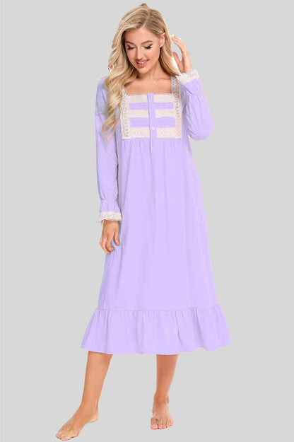 Lace Detail Square Neck Flounce Sleeve Night Dress Carauana Store