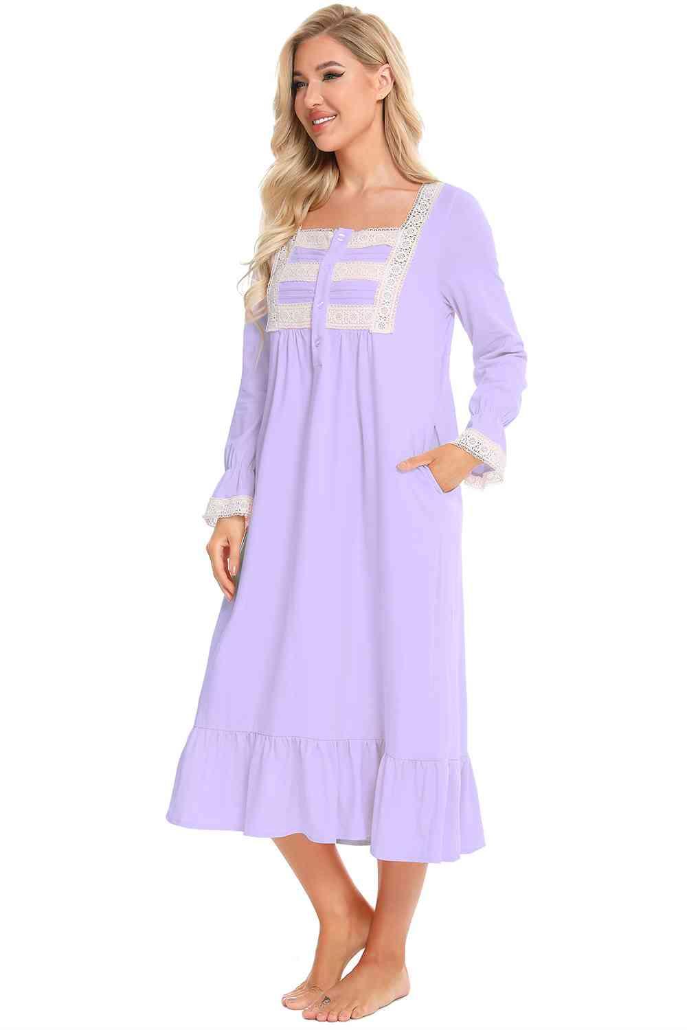Lace Detail Square Neck Flounce Sleeve Night Dress Carauana Store