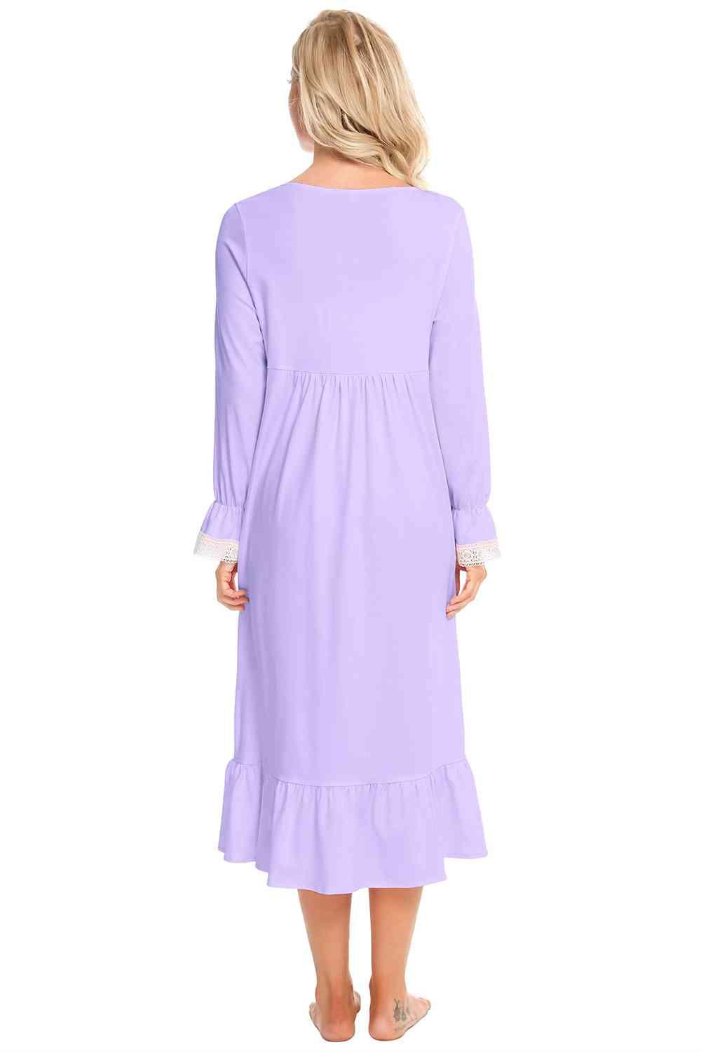 Lace Detail Square Neck Flounce Sleeve Night Dress Carauana Store