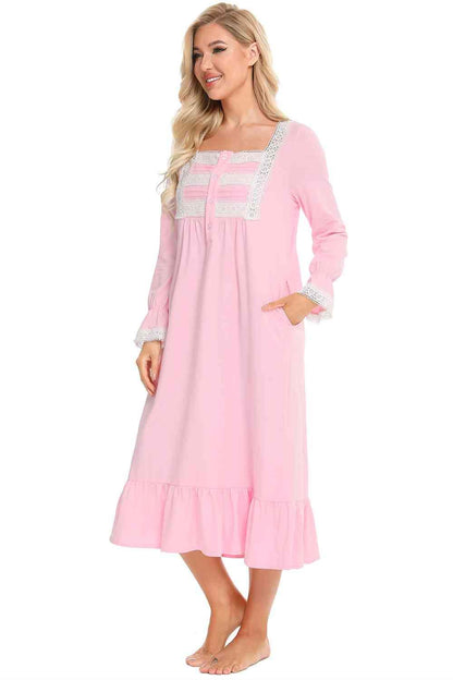 Lace Detail Square Neck Flounce Sleeve Night Dress Carauana Store