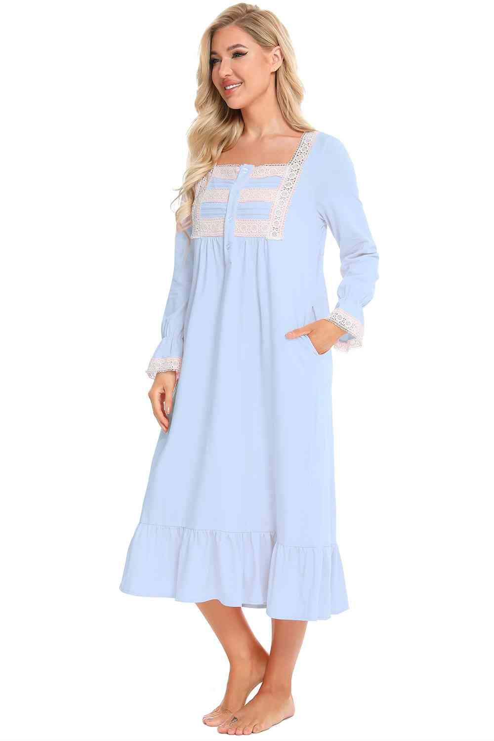Lace Detail Square Neck Flounce Sleeve Night Dress Carauana Store